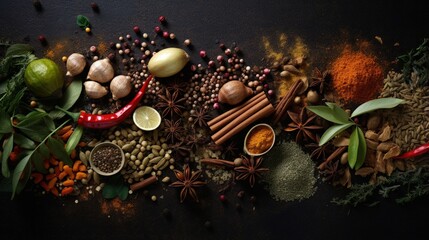 Aufkleber - Spices arranged on old dark background from above
