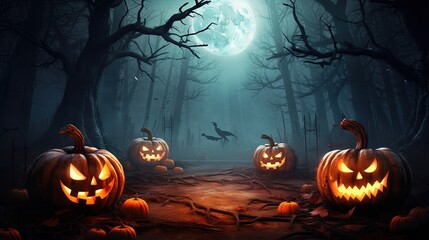 Poster - Halloween themed pumpkins on wooden surface Night forest background with moon