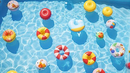 Toy inflatables bobbing on pool surface during summer