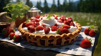 Leinwandbilder - Fresh strawberry and cream homemade pie served in a picnic basket