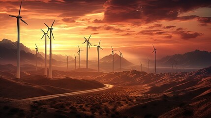 Wall Mural - Desert wind power plants during dusk