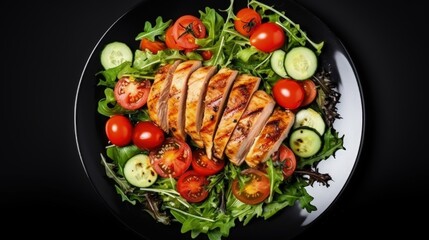 Fototapete - Grilled chicken breast fresh veggie salad with lettuce arugula spinach cucumber and tomato Healthy lunch diet friendly Top view
