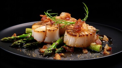 Aufkleber - High end cuisine featuring scallops asparagus and lardo bacon