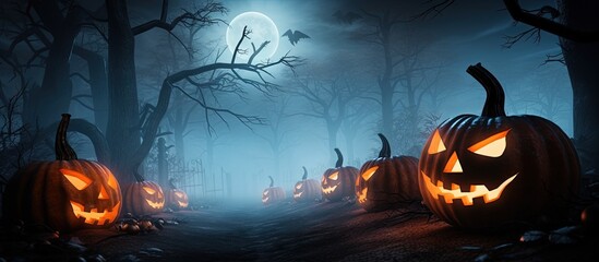 Sticker - Pumpkins on eerie forest with blue fog with copyspace for text