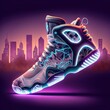 basketball sneakers from the future cybernetic glowing city background 