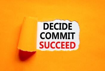 Wall Mural - Decide commit succeed symbol. Concept word Decide Commit Succeed on beautiful white paper. Beautiful orange table orange background. Business decide commit succeed concept. Copy space.