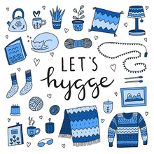 Set Of Doodle Colored Hygge Icons.
