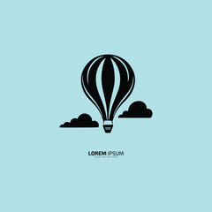 A logo of hot air balloon silhouette with clouds on sky background