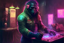 A Gorilla Wearing Human Clothes Working To Earn His Life Like A Human In A Club With Neon Anime Cover 
