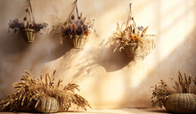 Straw Baskets With Dried Flower Arrangements Hang On The Wall. AI Generated