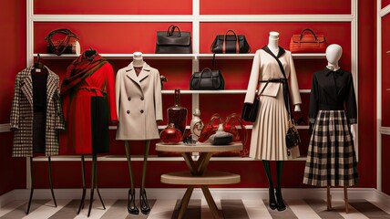 Wall Mural - A well-organized clothing store display showcases an array of coats and sweaters in striking red, white, and black colors. These classic winter fashion pieces promise warmth and style for the season.