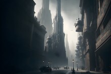World Cityscape Landscape Scifi Warhammer 40k Gritty Grim Dark High Angle Imperial Gothic Desaturated Detailed Realistic UHD 32k Sharp Unreal Engine Render Atmospheric Particals Ray Tracing 
