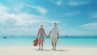 An elderly couple holding hands walk on the sandy beach, enjoying retirement and pension, with blue sky and sea in the background. Wallpaper for a travel agency for old people