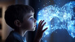 Curious little boy observing the technological hologram of a medical scientific study with bright digital particles. The conceptual map of future is from the current childhood 