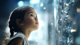 Fototapeta  - Young Asian girl with braids curiously gazing at a futuristic computational technology surface with wide-open eyes. Digital learning in childhood.