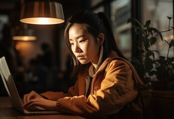 Happiness Attractive Asian woman in yellow shirt working with computer laptop thinking to get ideas and requirement in Business startup at modern office. AI Generative.