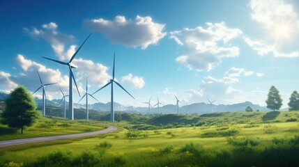 Wall Mural - Wind turbine farm generating electricity clean energy on field grass with blue sky. Green energy.