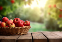 Fresh Red Apples In Basket On Wooden Table And Blurred Apple Farm Background.