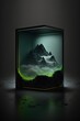 Brainiacs collection by Origamint0 Everest mountain miniature inside a scifi alien glass container11 Background scenery dark empty room with fog and cove lighting15 Green neon glow volumetric 