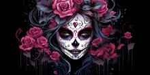 AI Generated. AI Generative. Muertos Mexican Latin Day Of The Dead Holiday Carnival Woman Make Up Sugar Skull Face. Beautiful Woman With Halloween