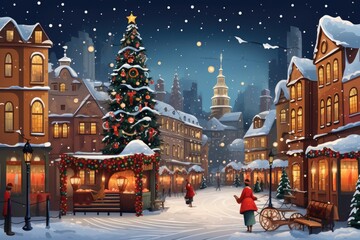 Illustration of a winter street with houses and christmas tree. Generative Ai