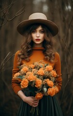 Wall Mural - A beautiful woman wearing an autumn colored dress and hat stands in an outdoor setting, clutching a bouquet of fragrant roses, embodying a timeless portrait of elegance and grace