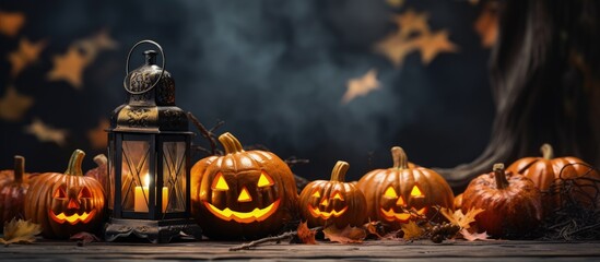 Sticker - Rustic background with lantern and Halloween pumpkins with copyspace for text