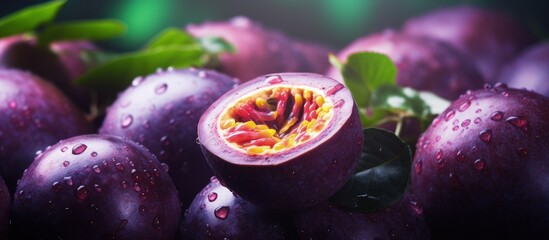 Canvas Print - Freshly harvested purple passion fruits captured in close up on a farm with copyspace for text