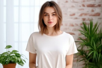 Wall Mural - Blank white t-shirt, beautiful woman model wearing t-shirt at room background