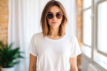 Wall Mural - Blank white t-shirt, beautiful woman model wearing t-shirt at room background