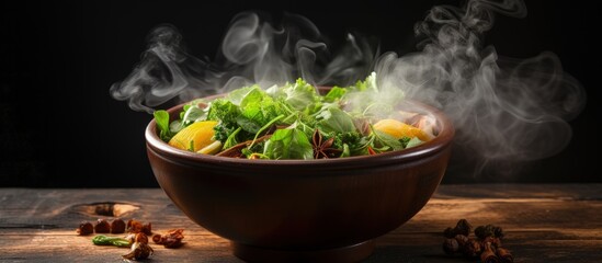 Sticker - Hot soup in wooden bowl on dark background focusing on food concept with copyspace for text