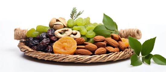 Canvas Print - Jewish holiday Tu Bishvat concept with dried fruits and nuts on a white background