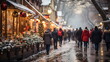 Christmas market in old town of Riga, Latvia. People walking on snowy street.