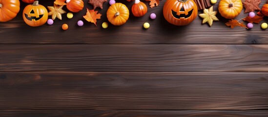 Canvas Print - Halloween theme with pumpkins sweets and decorations on a wooden table with copyspace for text