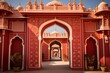 Entrance at city palace complex in Jaipur, Rajasthan, India. The rose gate symbolizes winter and is devoted to goddess Devi. Generative AI