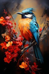 Wall Mural - Image of colorful bird on branch with red flowers.