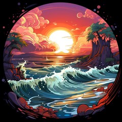 Poster - Image of sunset over body of water with waves.