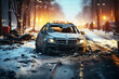 car wrecked in car accident on a slippery road in winter