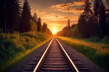 Forest Trees Along A Railroad On An Summer Sunset. Train Tracks Travel Concept. Generative AI 