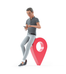 Wall Mural - 3d character man using smartphone next to map pin