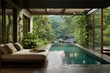 Serene hideaway: chic home and enchanting pool. Generative AI