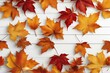 Top view of autumn orange leaf on white wooden deck background, copy space.  Generative AI