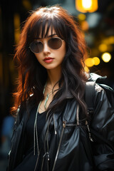 Poster - Woman with long hair wearing sunglasses and black jacket.