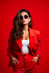 Sticker - Woman in red suit and sunglasses posing for picture.