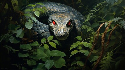 Wall Mural - A solitary king cobra slithering through the jungle foliage, its hooded head and distinctive markings a symbol of its deadly reputation.