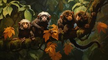 A Family Of Playful Tamarin Monkeys Hanging From Jungle Vines, Their Tiny Size And Energetic Antics Creating A Charming And Endearing Sight.