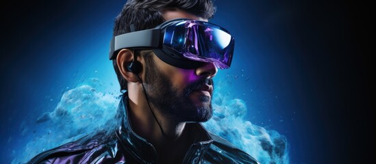 Poster - Man donning VR headset immersed in digital realm with copyspace for text