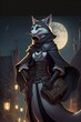 a cute tall slender female anthropomorphic rogue white fox wearing straps and a black leather cloak standing on a moonlit rooftop at night smirking and tossing a bag of coins in the air with a dark 