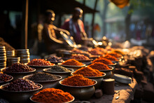 Colorful Spices, Powders And Herbs At A Traditional Street Market In India
