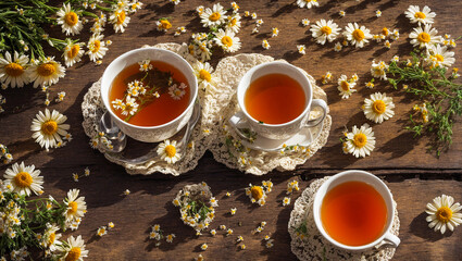 Wall Mural - Fresh tea in cups, chamomile flower